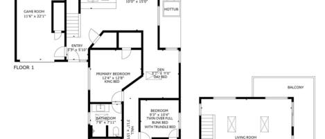 Distribución de un apartamento de dos pisos con sala de juegos, cocina, comedor y balcón.