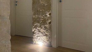 Un couloir avec un mur en pierre à texture, un plancher en bois et deux portes blanches.