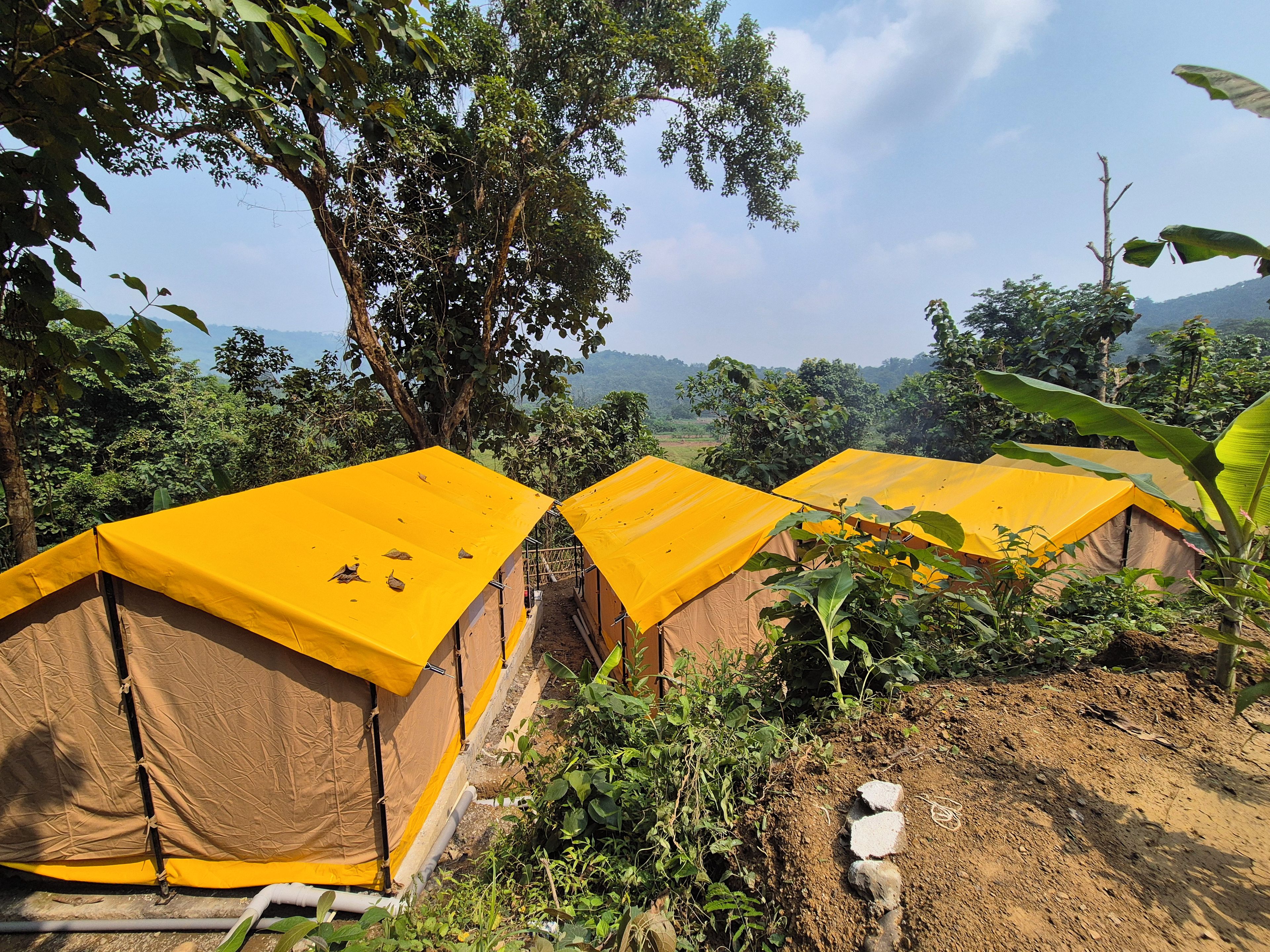 A row of tents with a yellow roof, surrounded by greenery and trees, with a clear sky in the background.