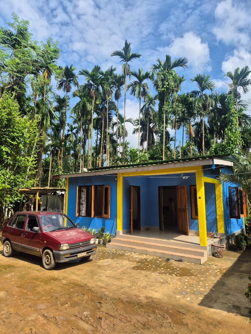 A two-story building with a blue and yellow facade, a car parked in front, and a tropical background with palm trees.