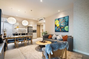 Deluxe Apartment, 3 Bedrooms, Lake View | Living area | Smart TV - Luminous - Zenity Luxury Apartment - District 1 (Ho Chi Minh City)