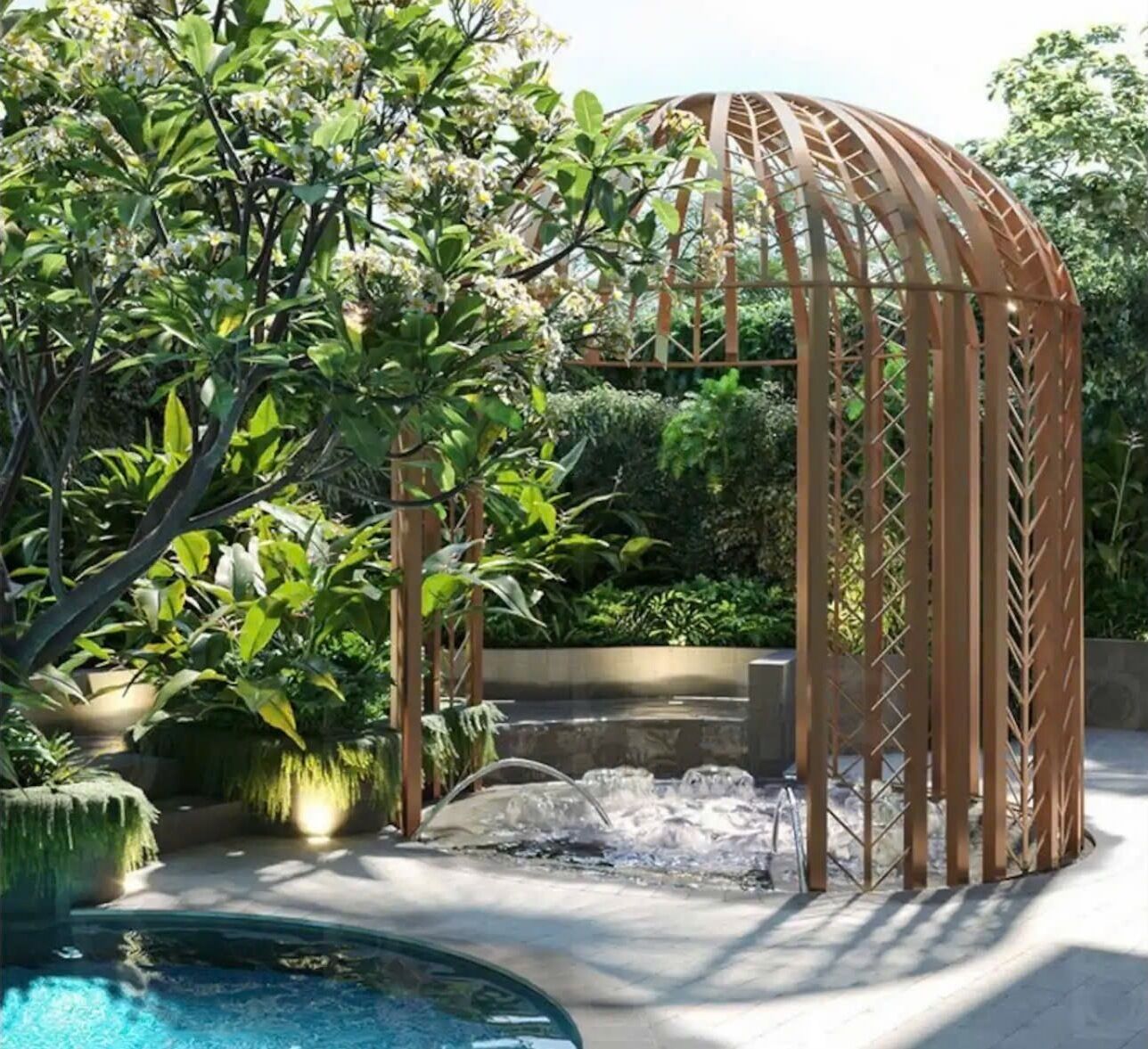A pool area with a wooden pergola, lush greenery, and a water feature.