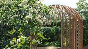 Un espace piscine agrémenté d’une pergola en bois, d’une végétation luxuriante et d’un élément décoratif aquatique.