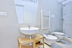 Shower, hair dryer, bidet, towels