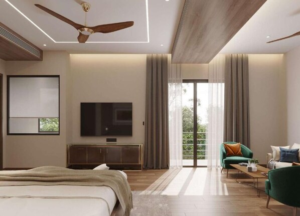 A modern hotel room with a large bed, a flat-screen TV, a ceiling fan, and a sliding glass door to the outdoors. - Ensober Kainchi Dham (Kosiyakutoli)