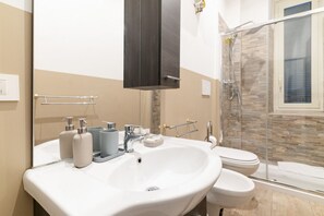 Shower, hair dryer, bidet, towels