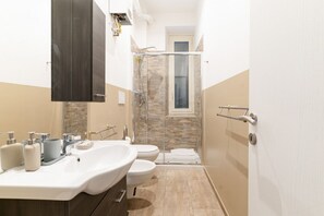 Shower, hair dryer, bidet, towels