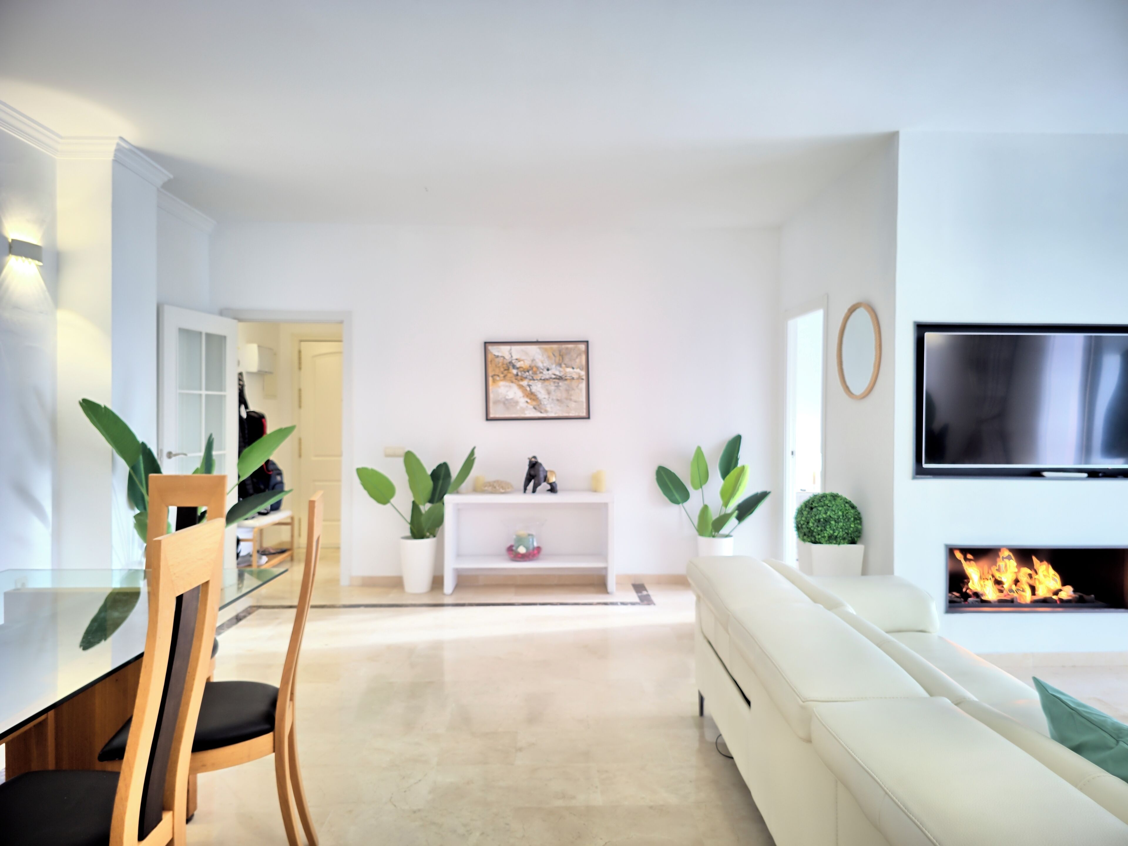 Ein modernes Wohnzimmer mit einem weißen Sofa, einem Glastisch mit Stühlen, einem Flachbildfernseher, einem Kamin und verschiedenen Zimmerpflanzen.