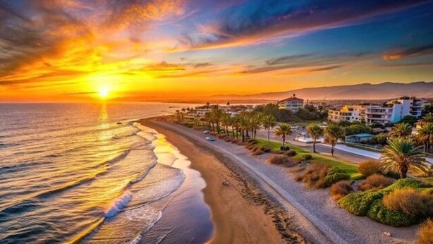 A coastal sunset view with a beach, road, and residential buildings.