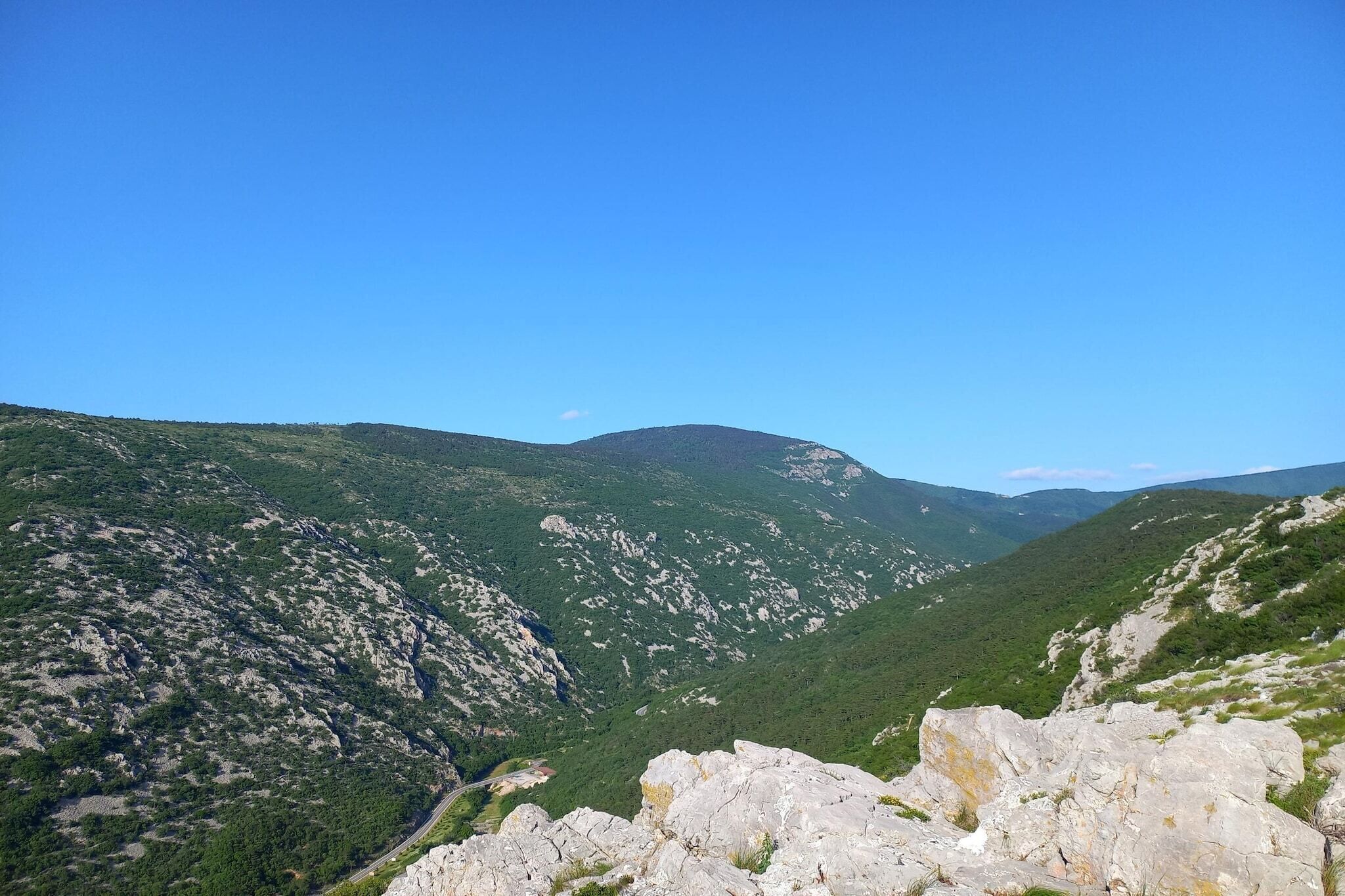A mountainous landscape with rocky terrain and dense greenery.