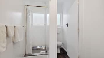 Casa de banho com chuveiro, sanita e janela.
