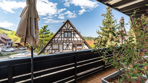 Ein Balkon mit Blick auf ein traditionelles Fachwerkhäuschen, einen Holzzaun und einen Blumentopf.