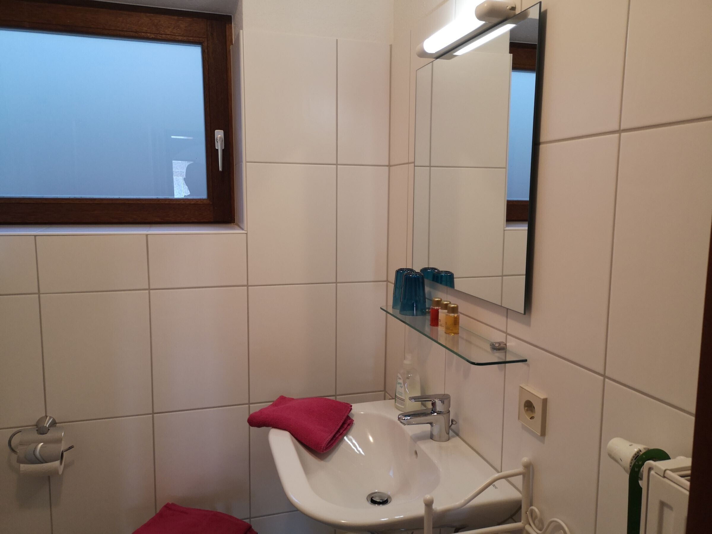 Een badkamer met een witte wastafel, een spiegel, een raam en een handdoekhouder.