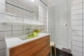 Shower, hair dryer, towels