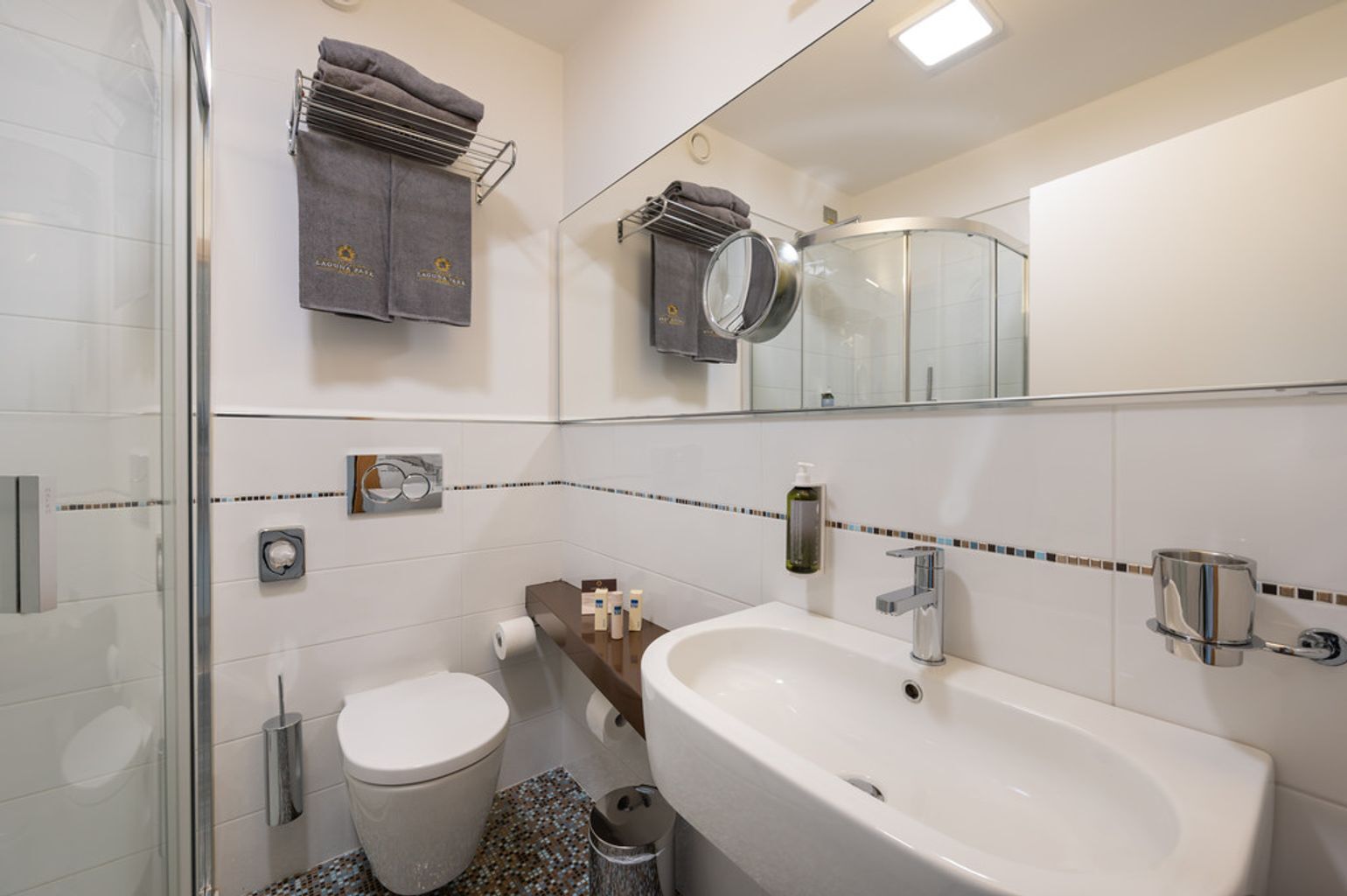 A modern bathroom with a glass shower enclosure, a white sink with a chrome faucet, and a toilet.