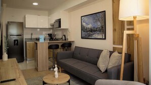 A modern kitchen with a refrigerator, microwave, and coffee maker. There is a gray sofa with a wooden coffee table and a lamp. A painting of a snowy landscape is on the wall.
