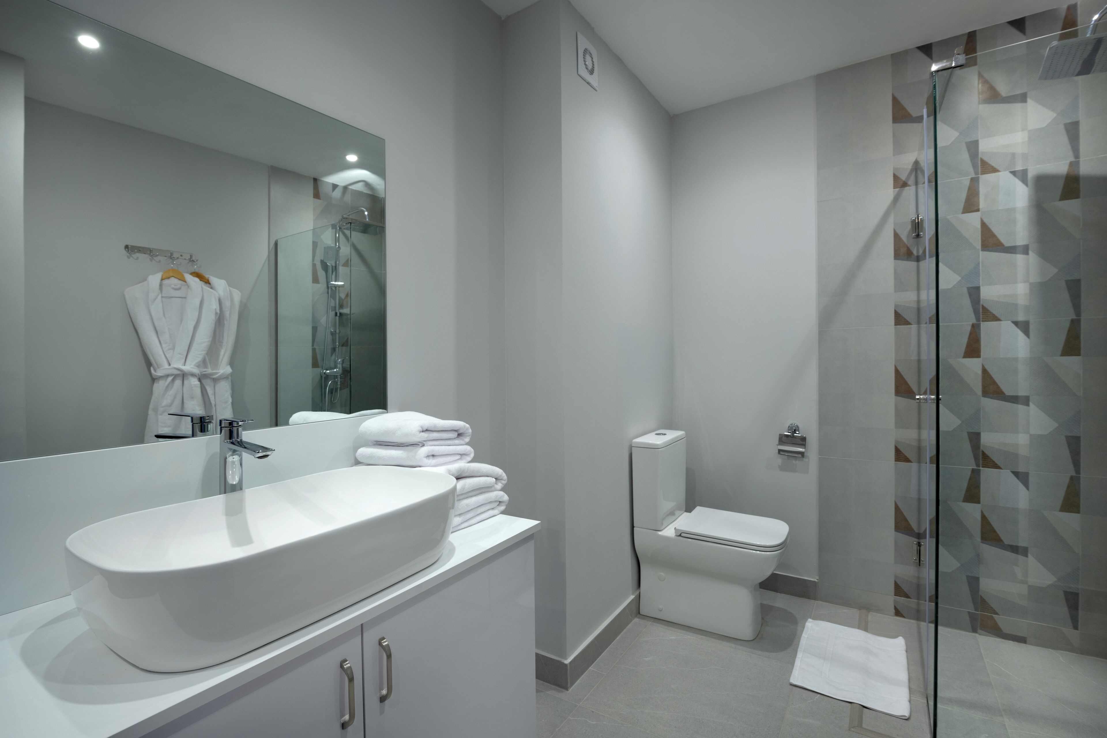 Shower, hair dryer, bathrobes, slippers