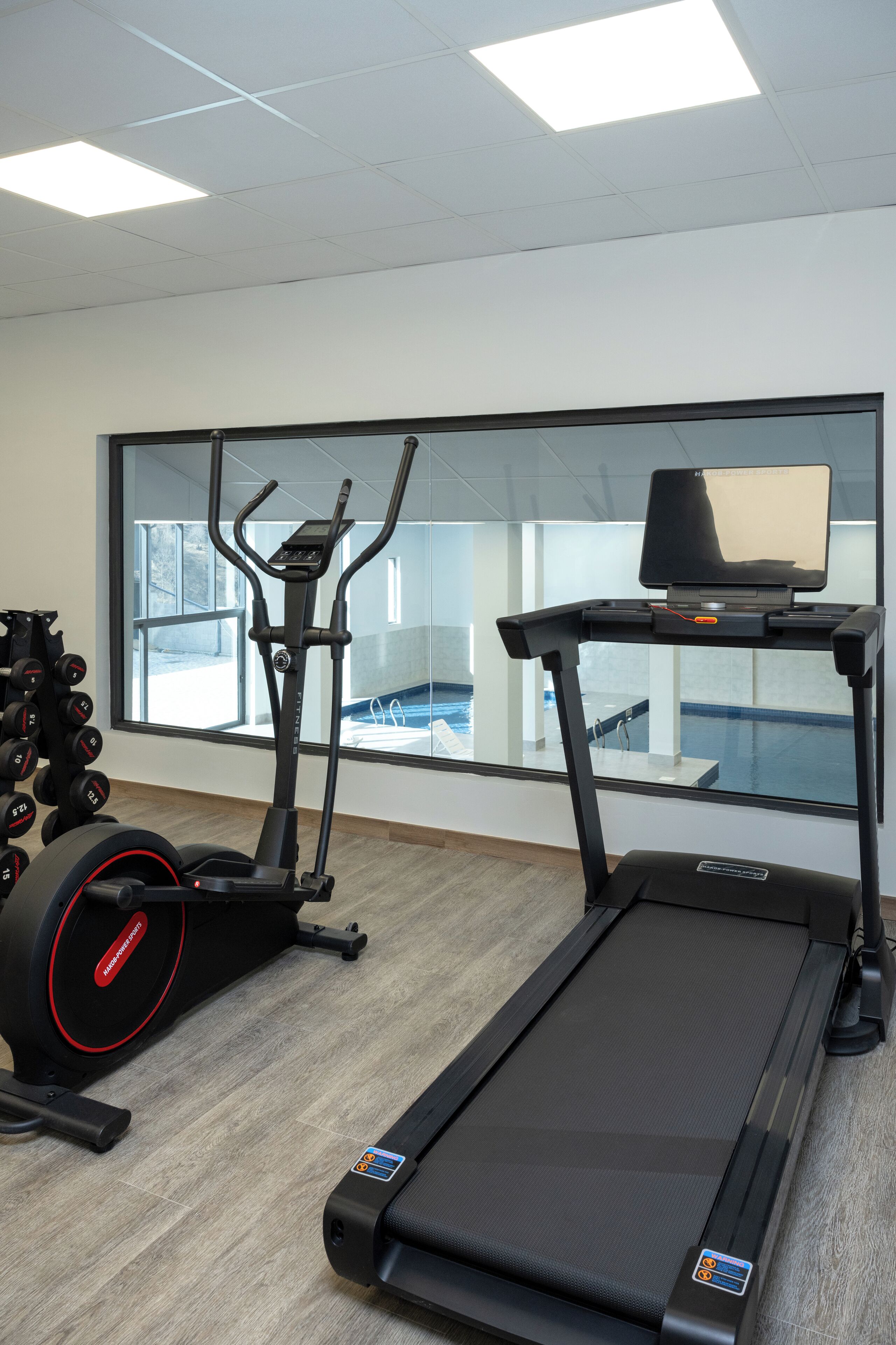 A gym with treadmills, a rowing machine, and dumbbells.