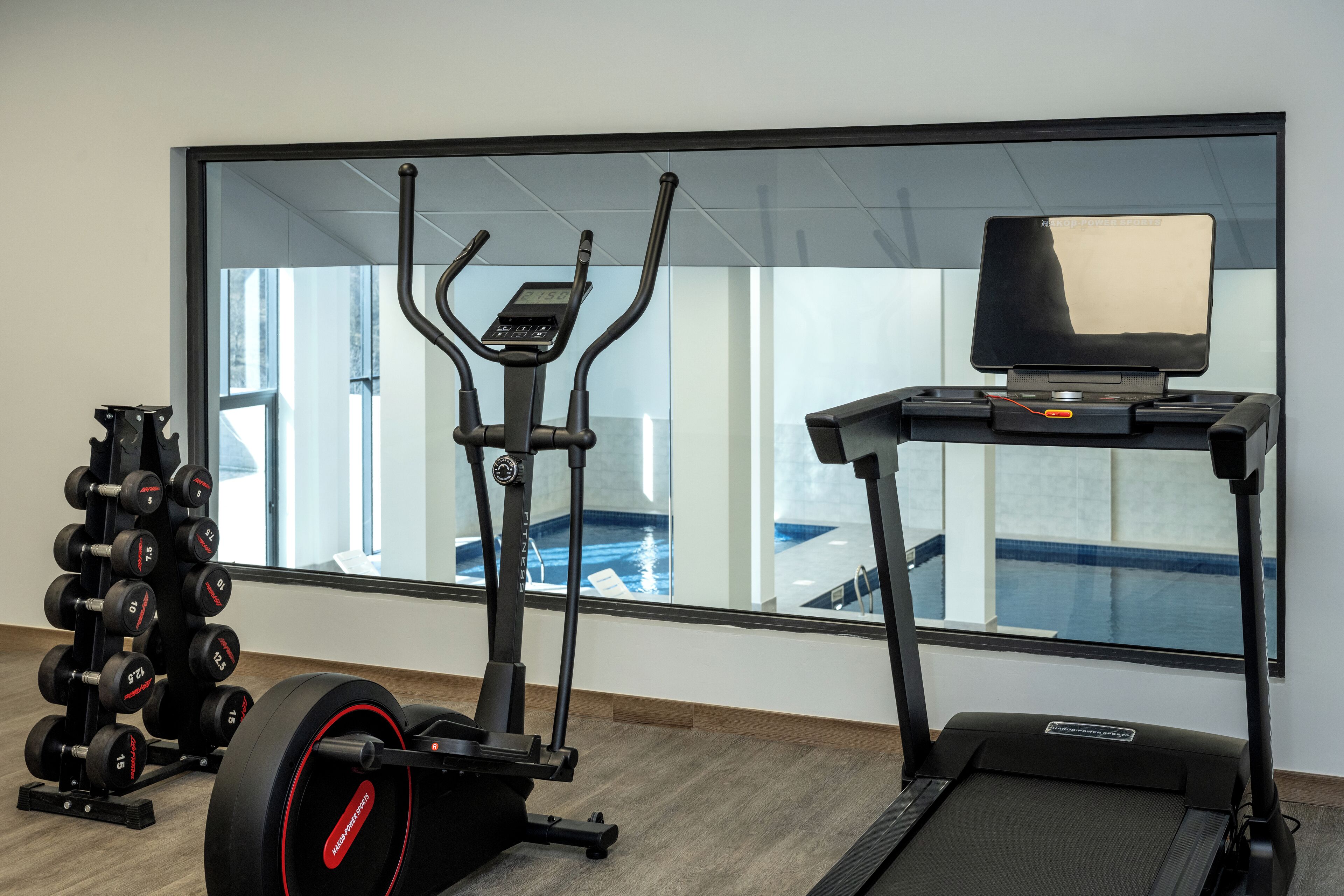 A gym with a treadmill, elliptical, and weight rack.