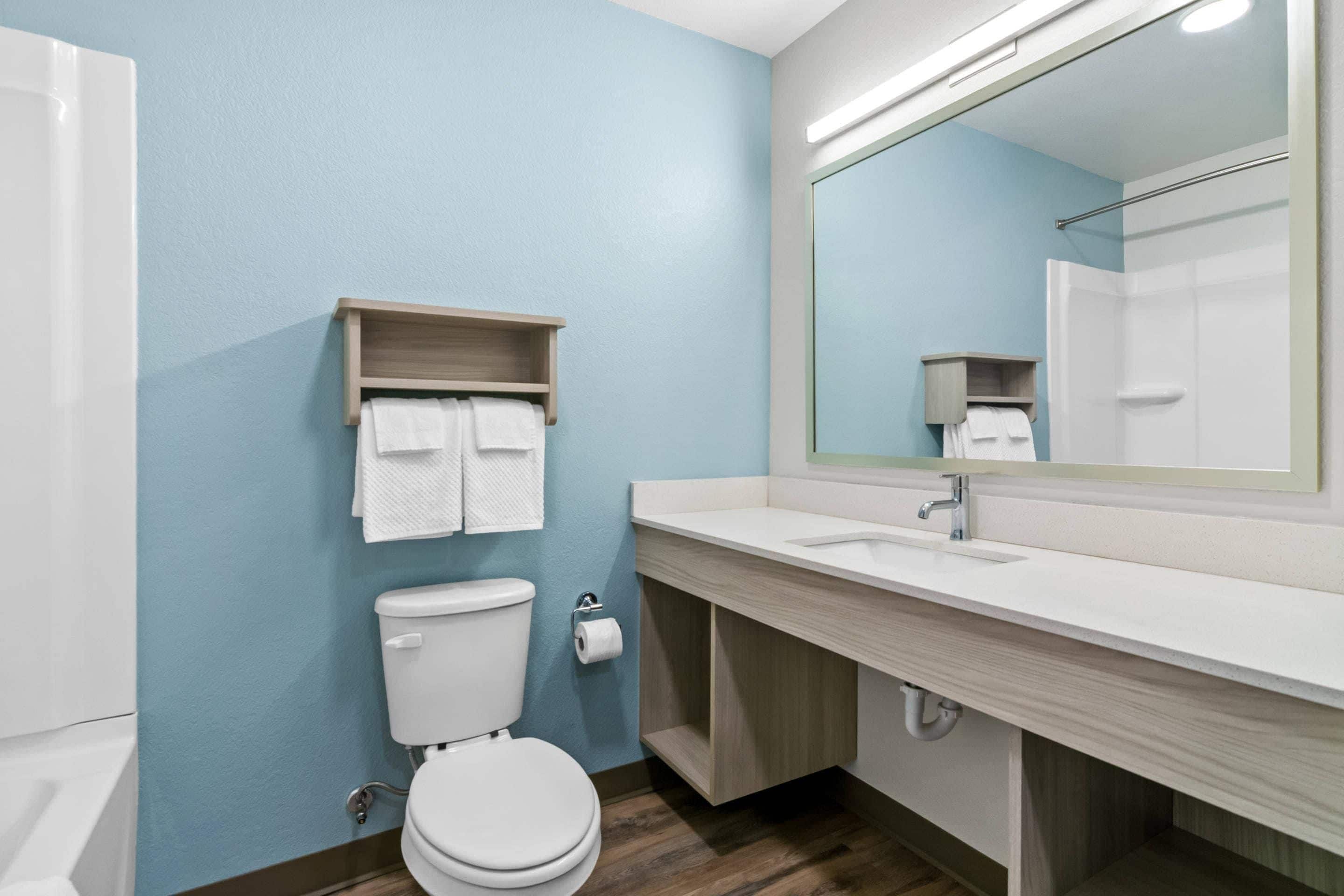 A bathroom with a toilet, sink, mirror, and towel rack.