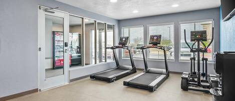 A gym with treadmills, a stationary bike, and a rowing machine.