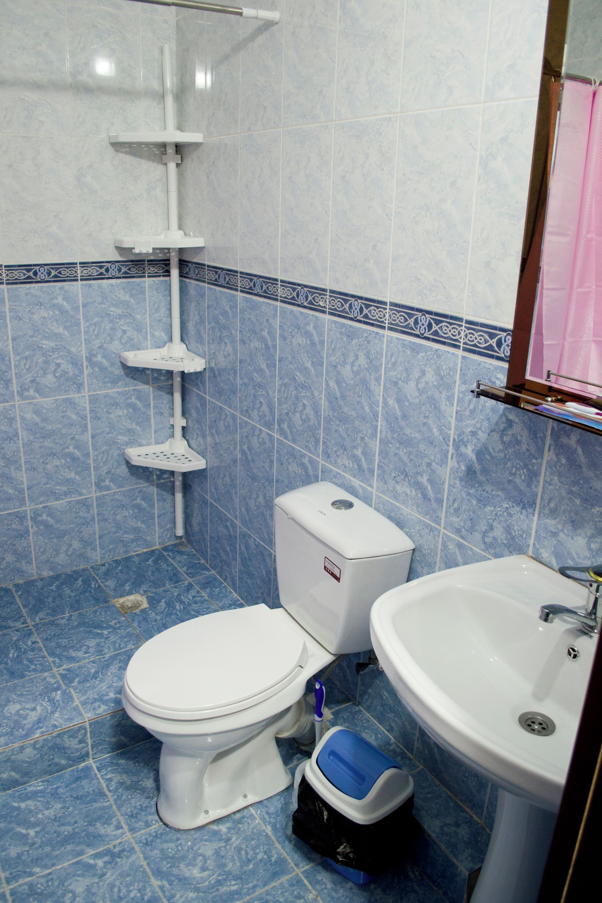 Ein Badezimmer mit Toilette, Waschbecken und Dusche.