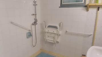 Regadera, secadora de cabello, toallas, papel de baño