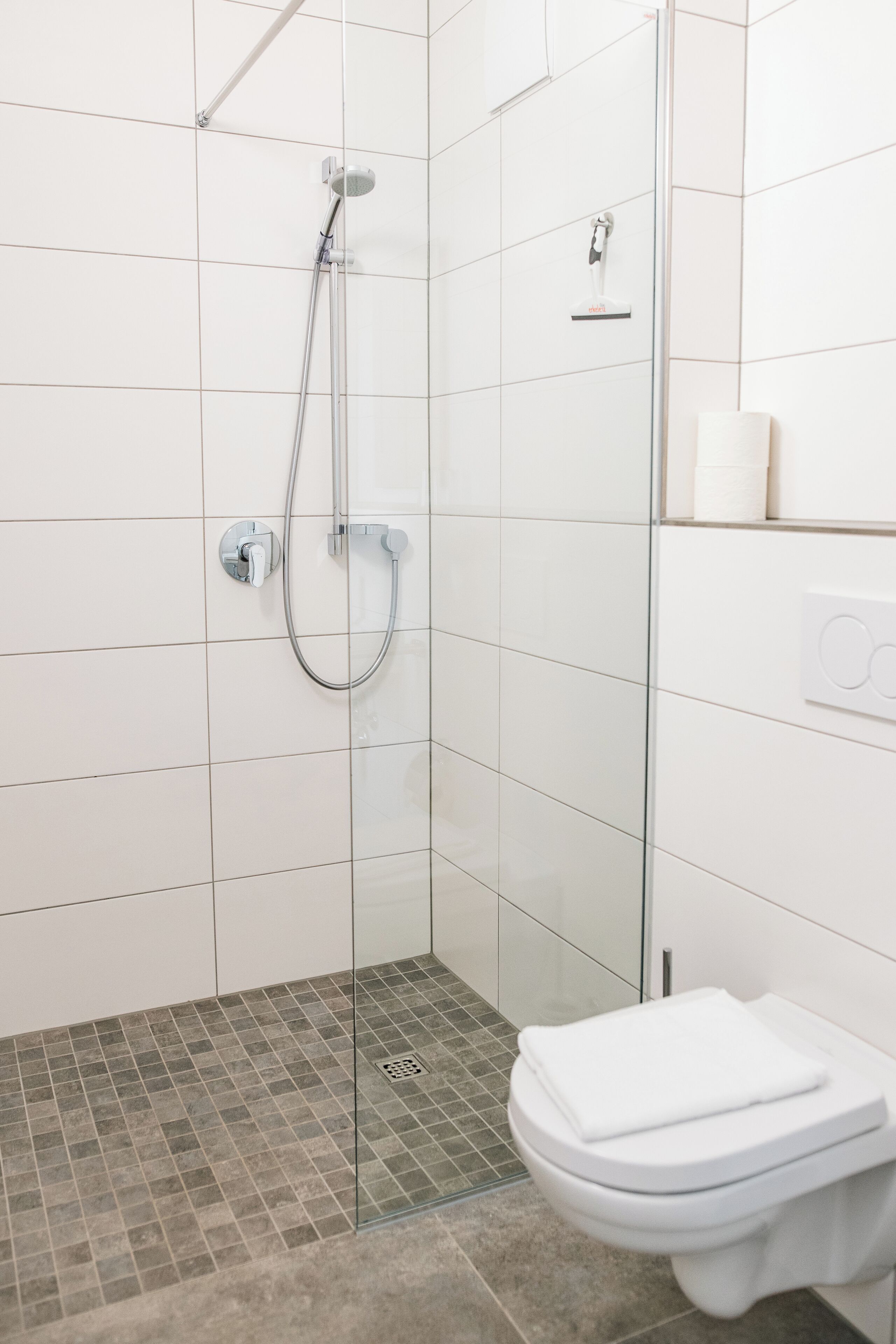 A modern bathroom with a glass shower enclosure, a toilet, and a towel rack.