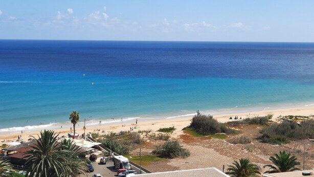 Ein Strand mit klarem, blauem Wasser, sandigem Ufer und etwas Vegetation. Liegestühle und einige Personen liegen am Strand.
