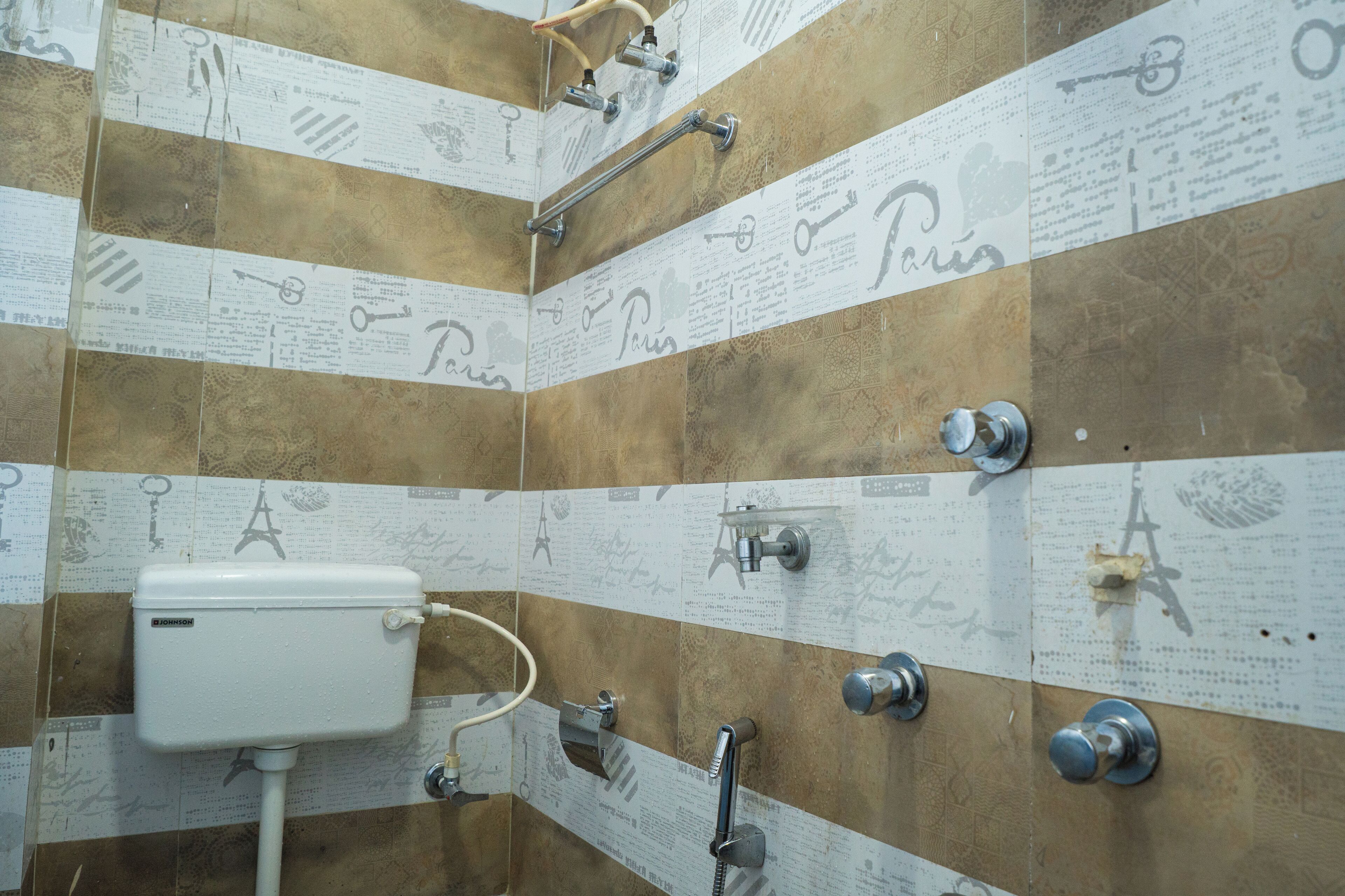 A bathroom with a toilet, a sink, and a shower with a handrail.