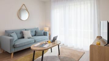 43-inch flat-screen TV with satellite channels