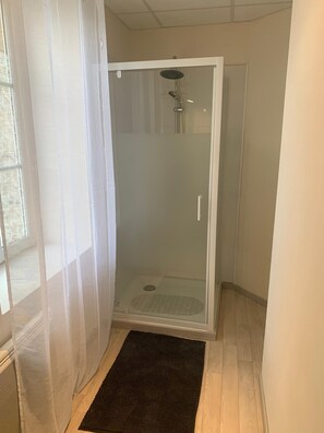 Shower, hair dryer, towels, toilet paper