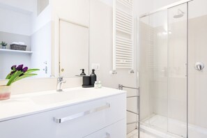 Shower, hair dryer, bidet, towels