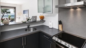 A modern kitchen with a stainless steel sink, a built-in oven, and a large window overlooking the sea.