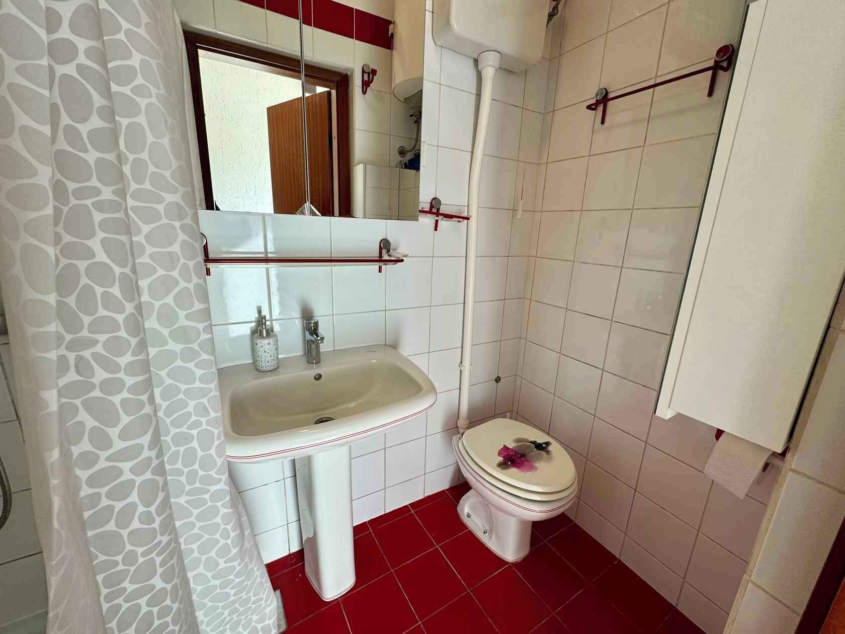 A bathroom with a white sink, a toilet, and a shower area.