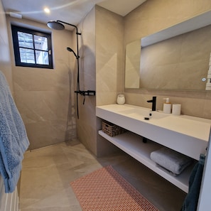 Shower, hair dryer, towels