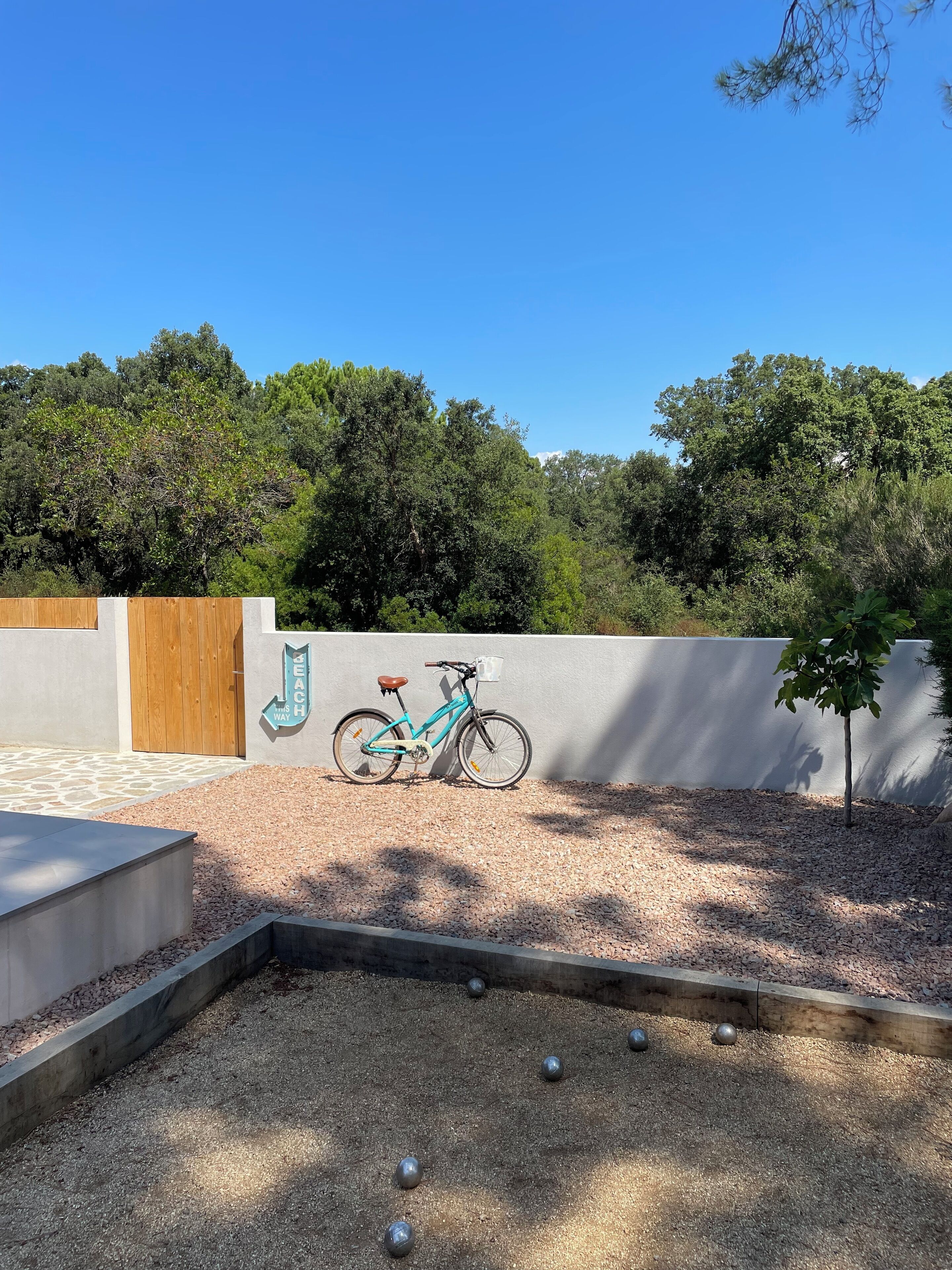 A courtyard with a bicycle, a wall with a mural, and a small tree.