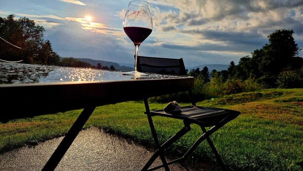 A table with a wine glass and a chair outdoors, with a scenic view of trees and a cloudy sky.