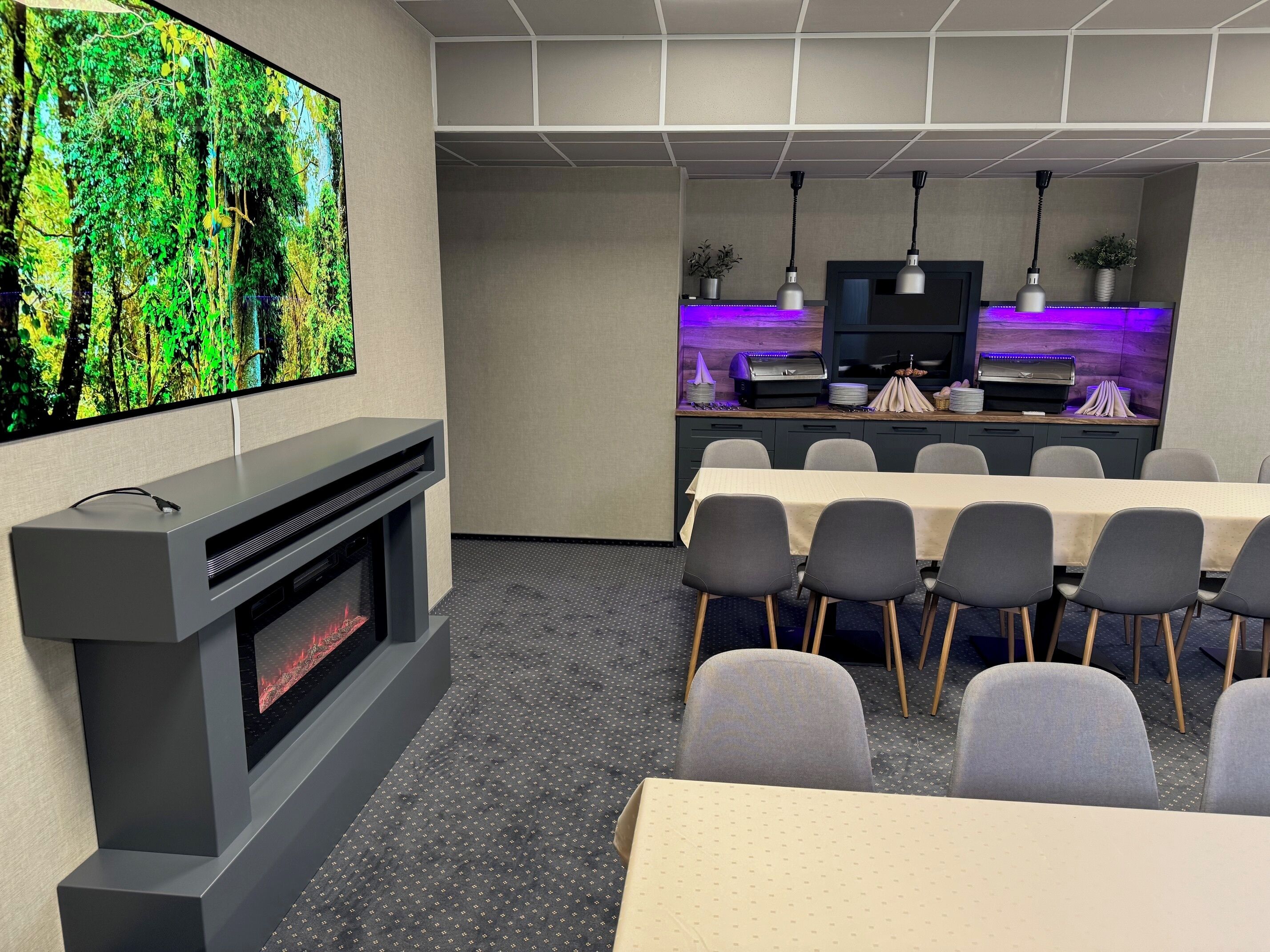 A conference room with a large flat-screen TV, a fireplace, a long table with chairs, and a kitchen area with a grill and purple lighting.