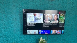Un salon avec un mur texturé de couleur turquoise, un téléviseur à écran plat fixé au-dessus d’une console en bois foncé, et une plante en pot posée sur le sol.