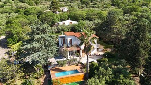 Eine Villa, umgeben von üppiger Vegetation, mit Swimmingpool und rotem Ziegeldach.