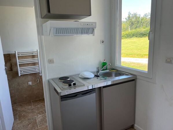 Una cocina compacta con estufa integrada, un lavamanos y un ventanal con vistas al exterior.