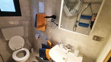 Un bagno con il water, un lavandino e una doccia.