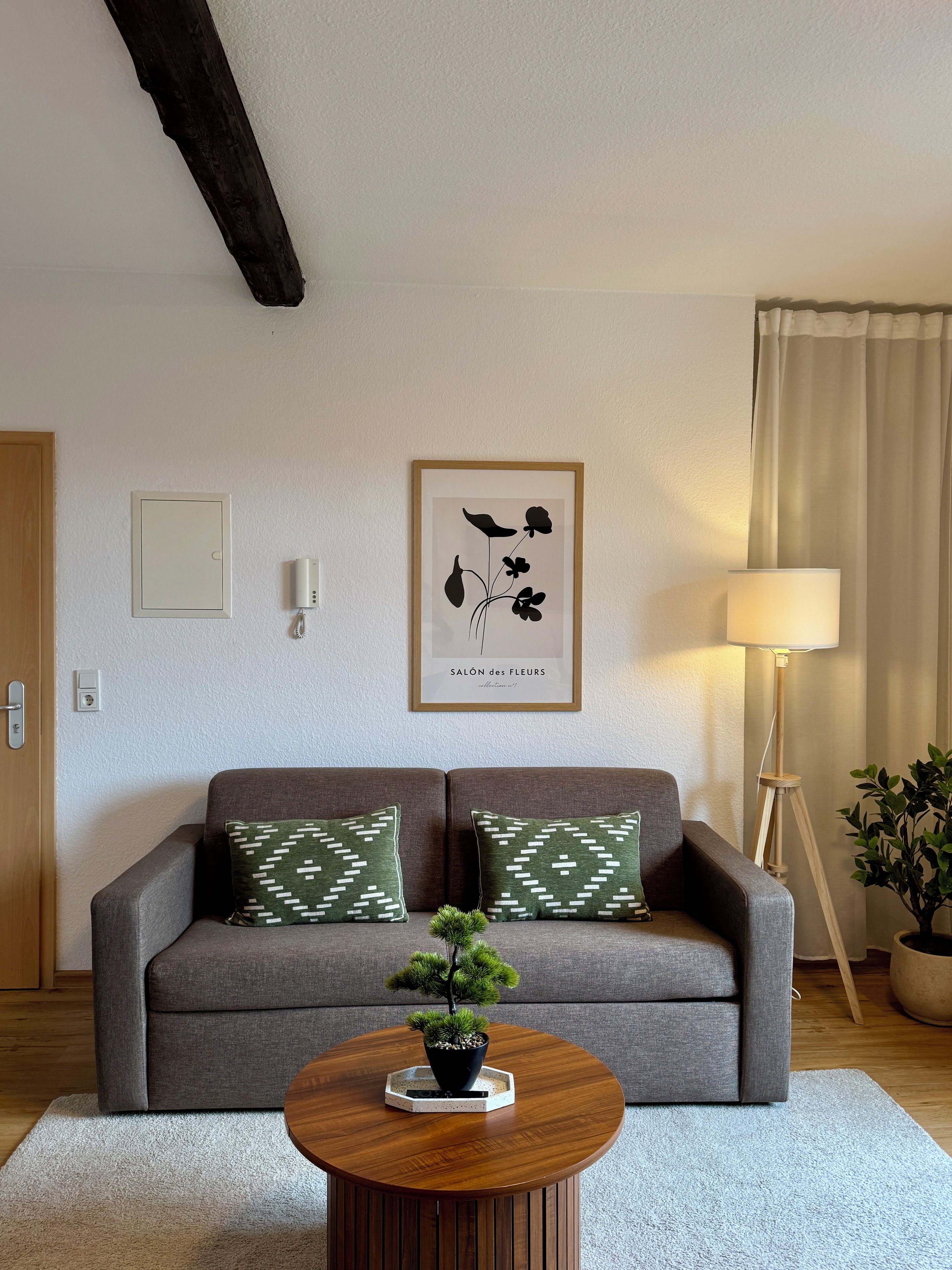 A living room with a grey sofa, two patterned cushions, a small wooden coffee table with a bonsai, a framed botanical print on the wall, a standing lamp, and a potted plant.
