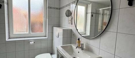 A bathroom with a toilet, sink, and mirror.