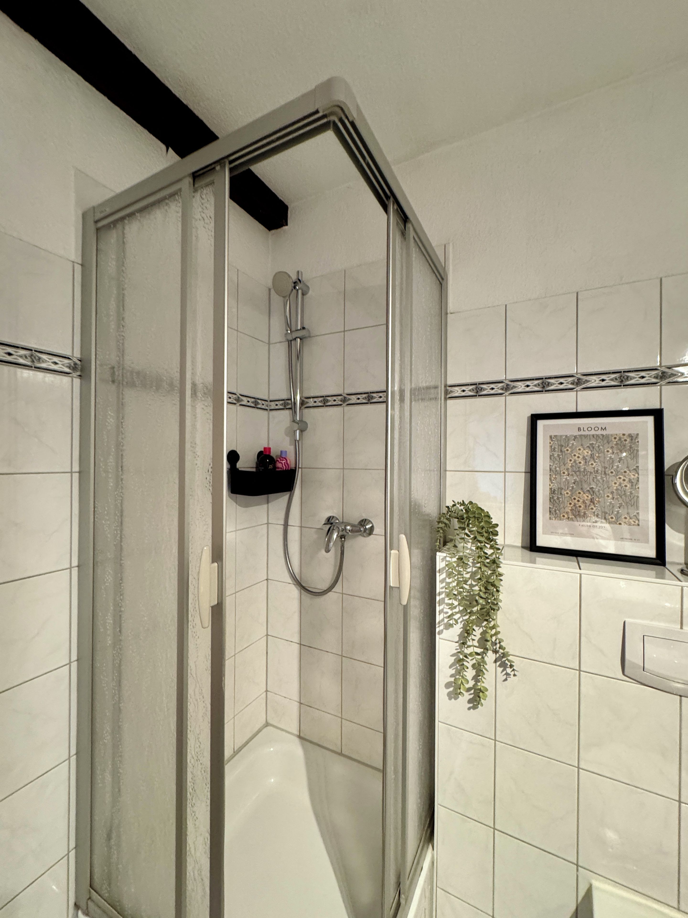 Eine Duschkabine mit Eckausführung, Glastür, Handbrause und einem an der Wand befestigten Handtuchhalter.
