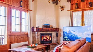 A cozy living room with a fireplace, wooden walls, a sofa, and a television.