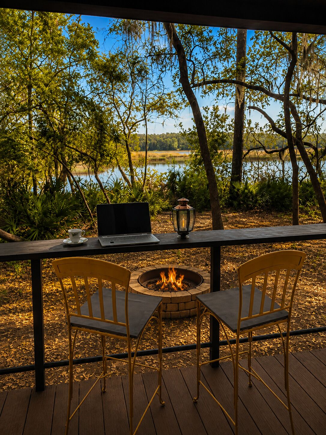 A deck with a fire pit, two chairs, a laptop, and a cup on a table overlooking a lake.