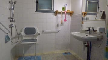 Shower, hair dryer, towels, toilet paper