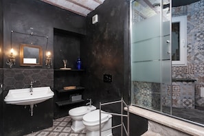 Douche, séchoir à cheveux, serviettes fournies, savon